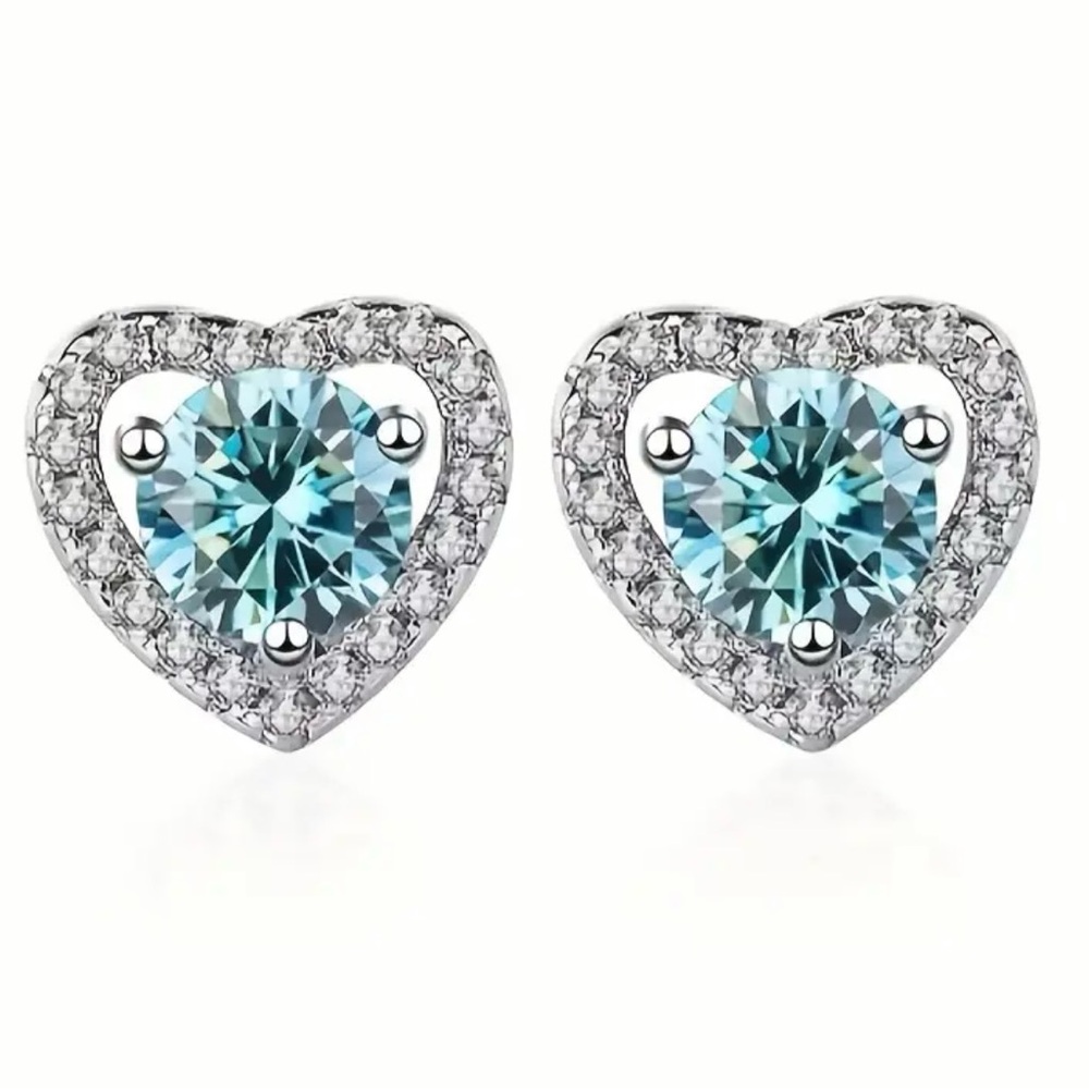 NWT Certified 1 ctw each Moissanite Blue Diamond Heart Halo Stud Earrings